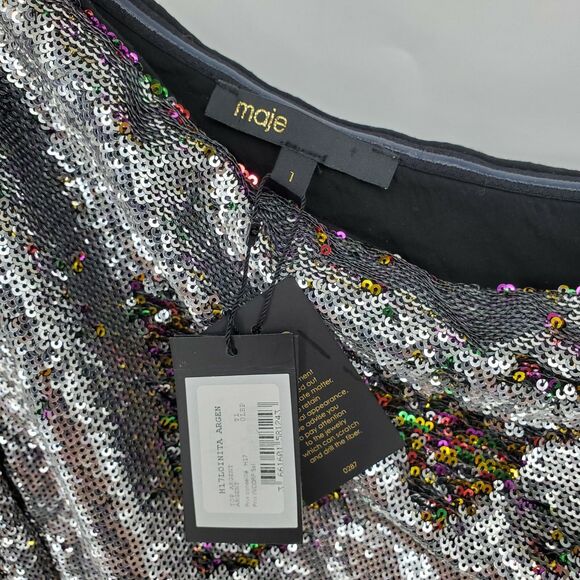 New Maje Womens Loinita Metallic Sequin One Shoulder Top Size 1 Small - Picture 5 of 6